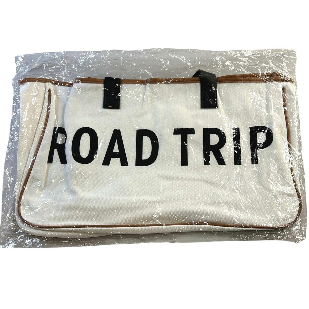 Road Trip Canvas Tote Bag Oversized Travel Weekend Bag White Brown Black NEW